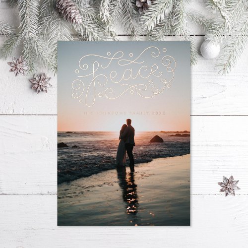 Peace hand lettering Rose Foil Holiday Card