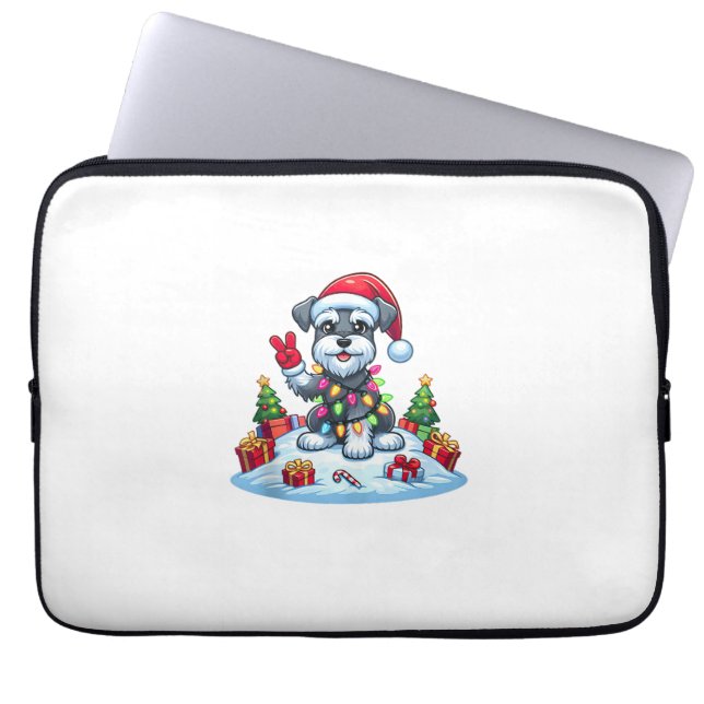 Peace Hand Miniature Schnauzer Christmas Lights Wo Laptop Sleeve (Front)