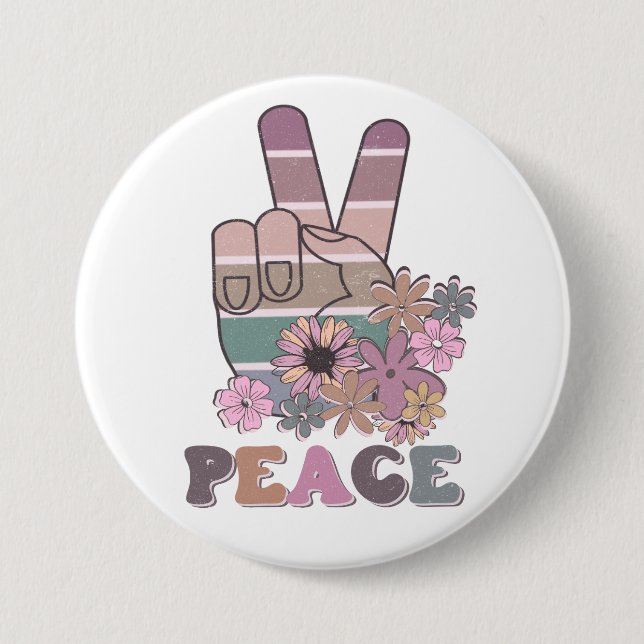 Peace Hand Sign Retro 70s Floral Daisy  Button (Front)