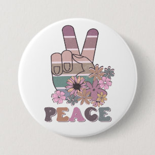 Peace Hand Sign Retro 70s Floral Daisy  Button