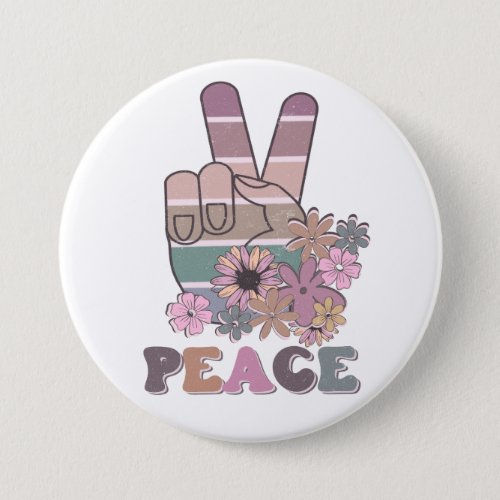 Peace Hand Sign Retro 70s Floral Daisy  Button
