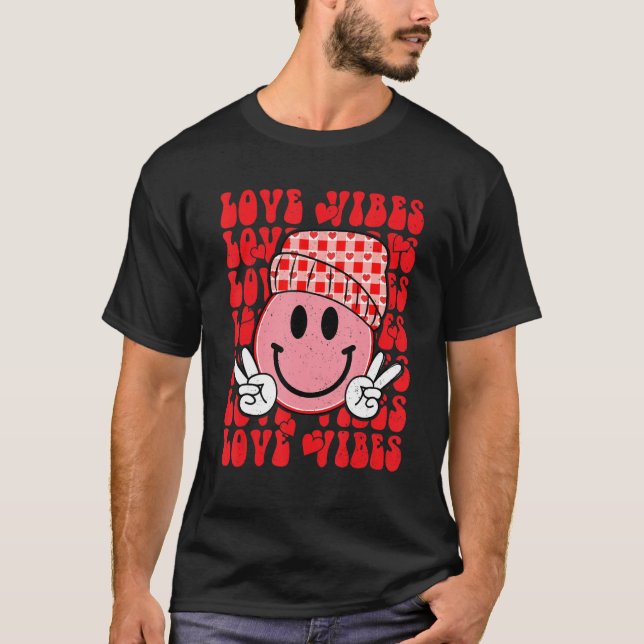 Peace Hand Sign Retro Smile Face Love Vibes Valent T-Shirt (Front)