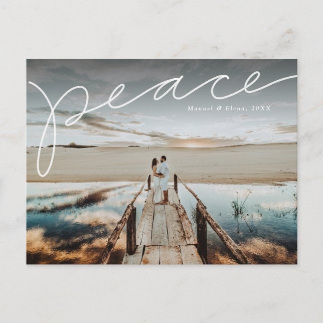 Peace handlettered holiday photo postcard (Front)