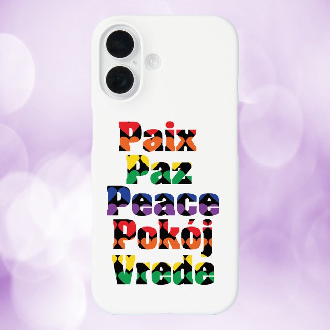 Peace Heart Pattern Rainbow Case-Mate iPhone Case (A phone case that says peace in French, English, Spanish, Polish and Dutch)