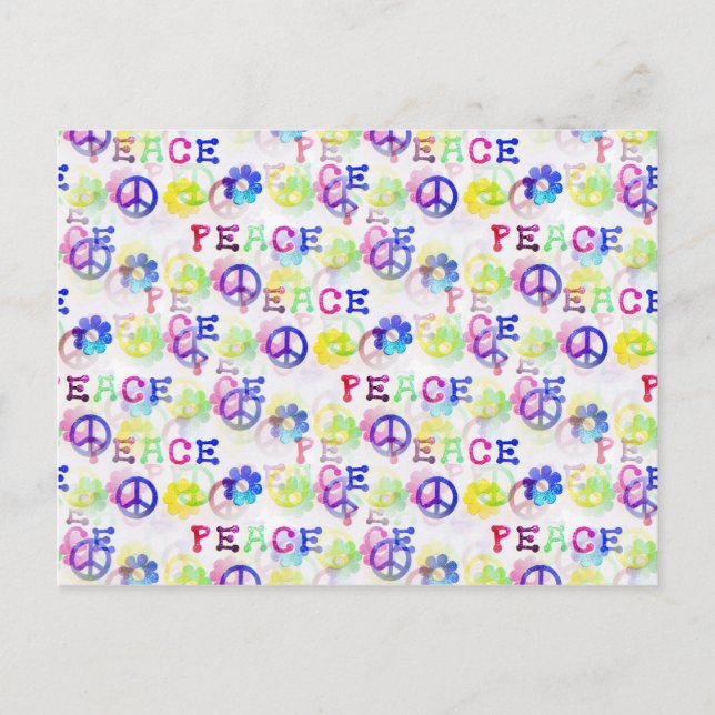 Peace Hippie Groovy Peace Sign Flowers Pattern Postcard (Front)