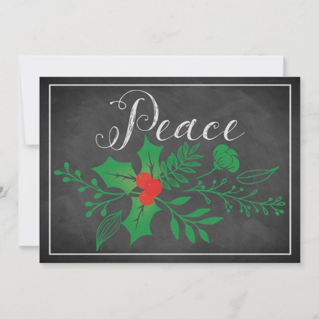 Peace Holiday Card | Faux Chalkboard, Holly (Front)