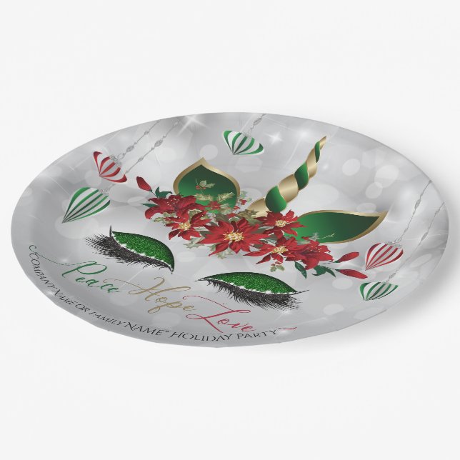Peace Hope and Love Holiday Unicorn Face Paper Plates (Angled)