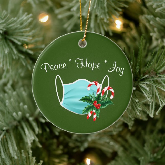 Peace Hope Joy Mask & Candy Canes Ceramic Ornament (Tree)