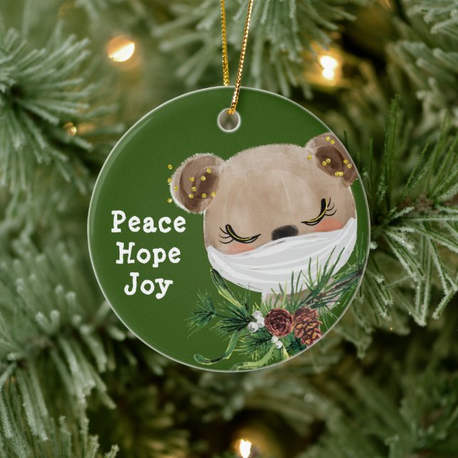 Peace Hope Joy Masked Bear Ceramic Ornament (Tree)