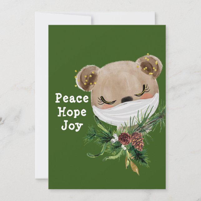 Peace Hope Joy Masked Bear Holiday Card (Front)