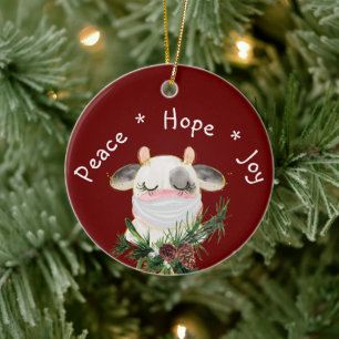 Peace Hope Joy Masked Cow Ceramic Ornament