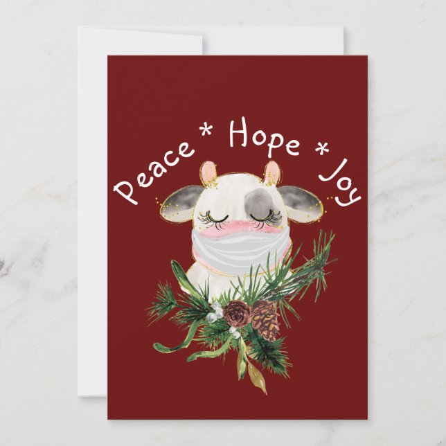 Peace Hope Joy Masked Cow Holiday Card (Front)