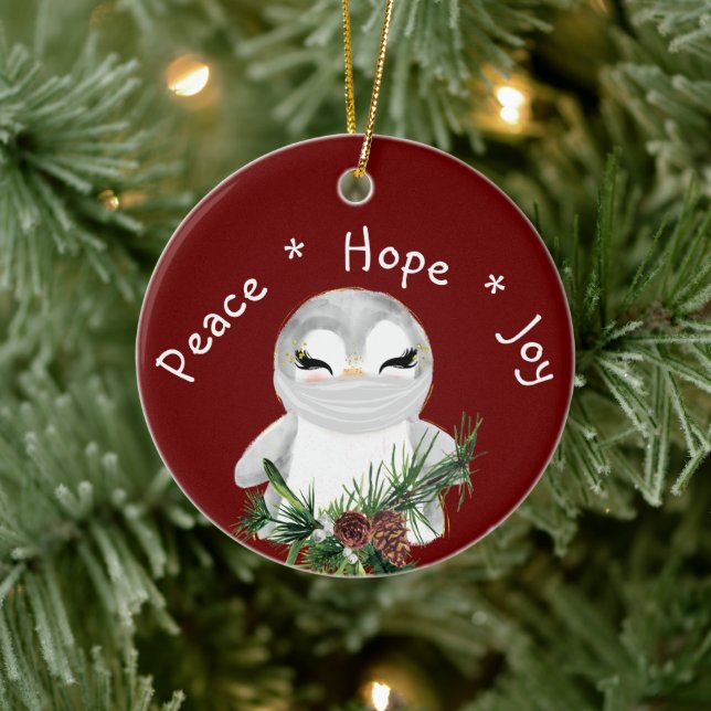 Peace Hope Joy Masked Penguin Ceramic Ornament (Tree)