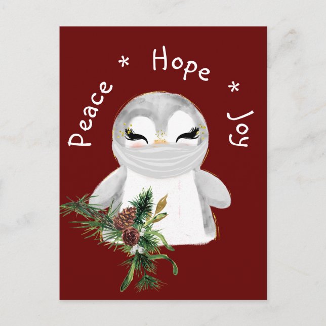 Peace Hope Joy Masked Penguin Holiday Postcard (Front)