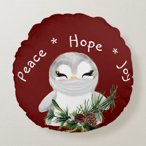 Peace Hope Joy Masked Penguin Round Pillow