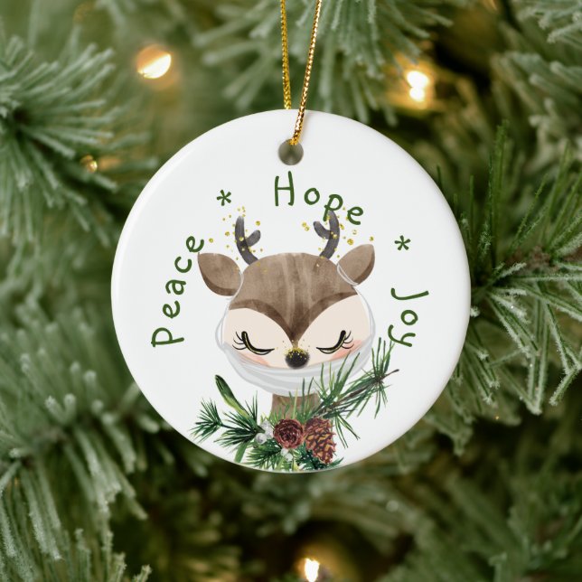 Peace Hope Joy Masked Reindeer Ceramic Ornament (Tree)