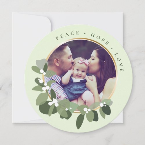 Peace Hope Love Family Photo Greenery Christmas Holiday Card