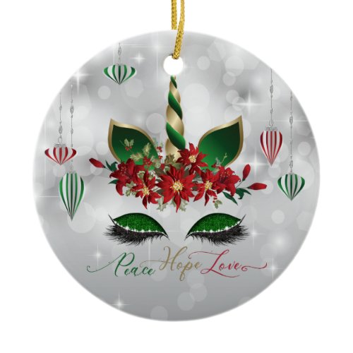 Peace Hope Love   Festive Unicorn Face Ceramic Ornament