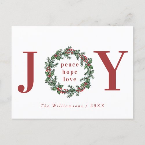 Peace Hope Love Joy Typographic Wreath Holiday Postcard