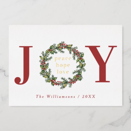 Peace Hope Love Joy Typographic Wreath Photo Foil Holiday Card
