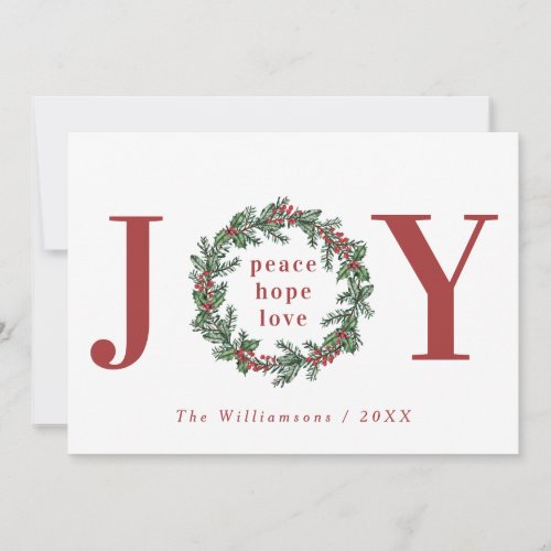Peace Hope Love Joy Typographic Wreath Photo Holiday Card