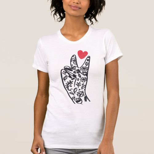 PEACE I PEACE Sign Fingers with LOVE heart  T_Shirt