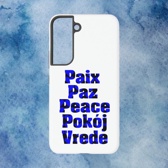 Peace in Foreign Languages Hearts Blue Black Samsung Galaxy Case (A phone case that says peace in different languages with blue and black hearts.)