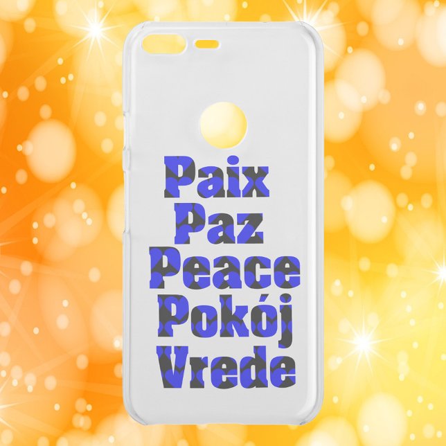 Peace in Many Languages Blue Black Hearts Uncommon Google Pixel XL Case (A phone case that says peace in Dutch, Polish, English, Spanish and French with a blue heart pattern)