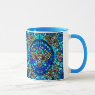 Peace in wisdom tie dye with sugar skull owl art. mug