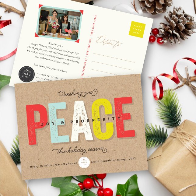 Peace, Joy And Prosperity Bold Typography Business Holiday Postcard (Creator Uploaded)