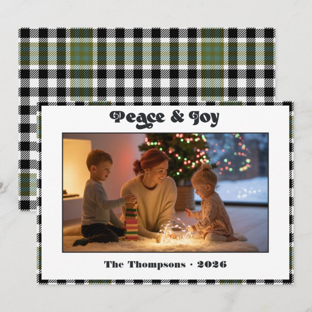 Peace & Joy Black and White Plaid Christmas Photo Holiday Card (Front/Back)