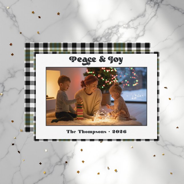 Peace & Joy Black and White Plaid Christmas Photo Holiday Card (Peace & Joy Black and White Plaid Christmas Photo Holiday Card)