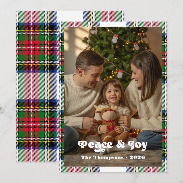 Peace & Joy Bright Tartan Plaid Family Christmas Holiday Card (Front/Back)