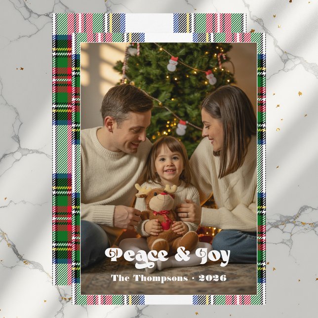 Peace & Joy Bright Tartan Plaid Family Christmas Holiday Card (Peace & Joy Bright Tartan Plaid Family Christmas Holiday Card)