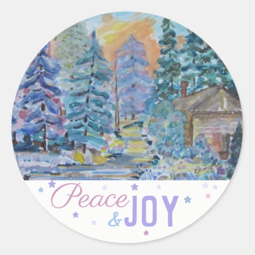 Peace  Joy _ Cabin in the Woods Scene 20 Classic Round Sticker