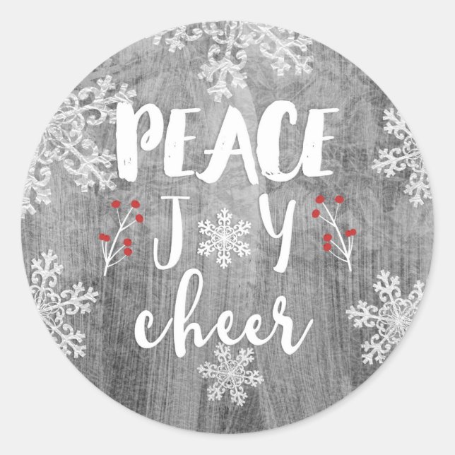 Peace Joy Cheer Silver Snowflake Holiday Classic Round Sticker (Front)