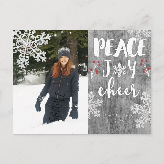 Peace Joy Cheer Silver Snowflake Holiday Photo Postcard (Front)
