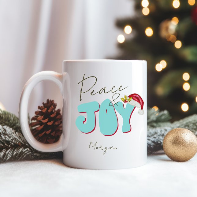 Peace Joy Christmas Pink Red Festive Add Name   Coffee Mug (Peace and Joy simple typography and Santa hat mug. Personalize with your name original art)