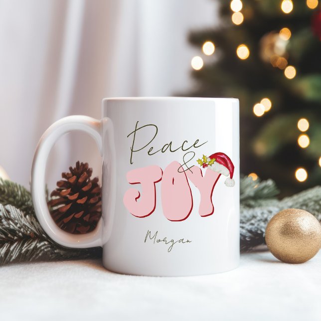 Peace Joy Christmas Pink Red Festive Add Name   Coffee Mug (Peace and Joy simple typography and Santa hat mug. Personalize with your name original art)