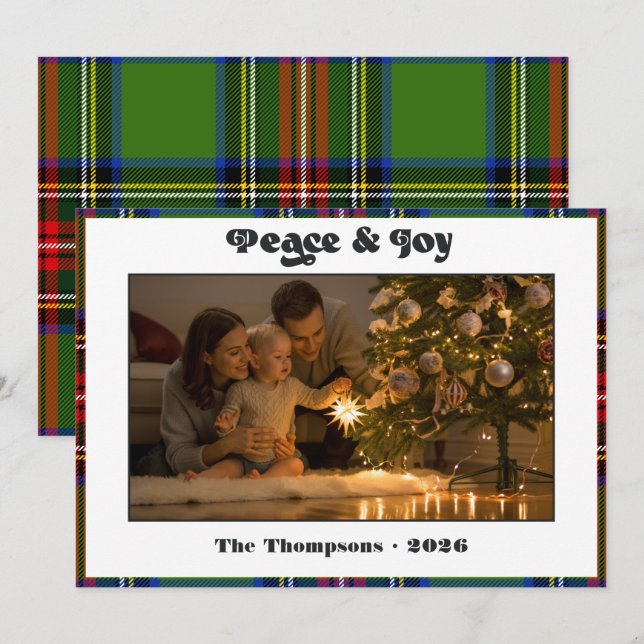 Peace & Joy Classic Green Tartan Plaid Christmas Holiday Card (Front/Back)
