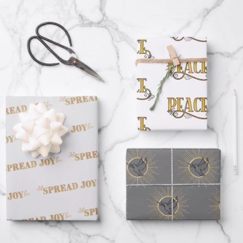 Peace Joy Dove Christmas Typography Grey Gold Wrapping Paper Sheets