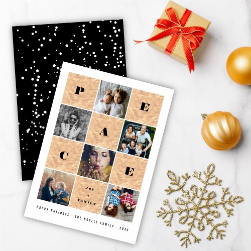 Peace Joy Family Rose Gold Blocks 5 Photo Collage Holiday Card