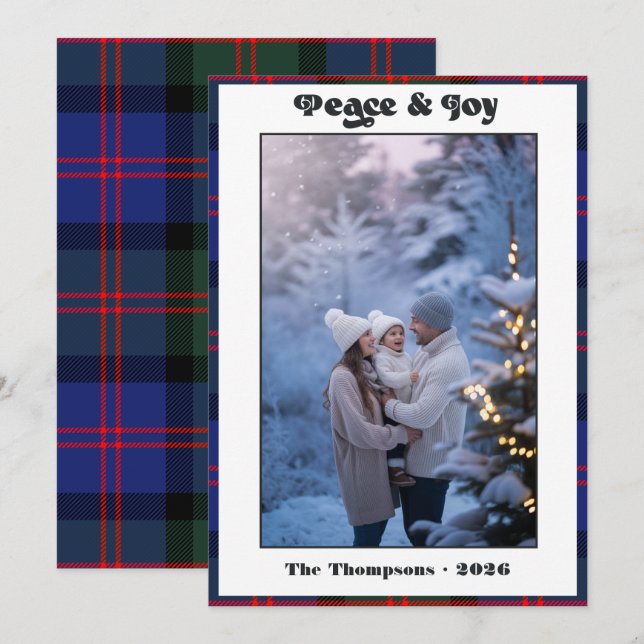 Peace & Joy Gingham Plaid Family Christmas Photo Holiday Card (Front/Back)
