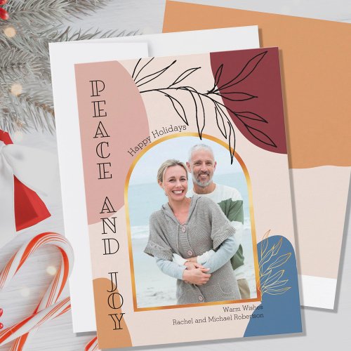 Peace  Joy Gold Arch Photo and Botanical Shapes Holiday Card