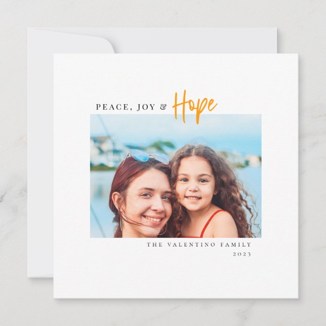 Peace Joy Hope Modern Script Minimalist Photo Holiday Card (Front)