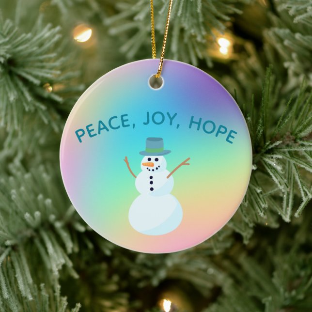 "Peace, Joy, Hope" Snowman Pastel Rainbow Ceramic Ornament (Tree)