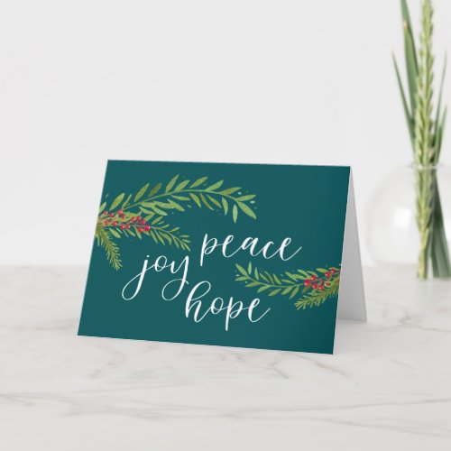 Peace Joy Hope Watercolor Foliage Teal Christmas Holiday Card