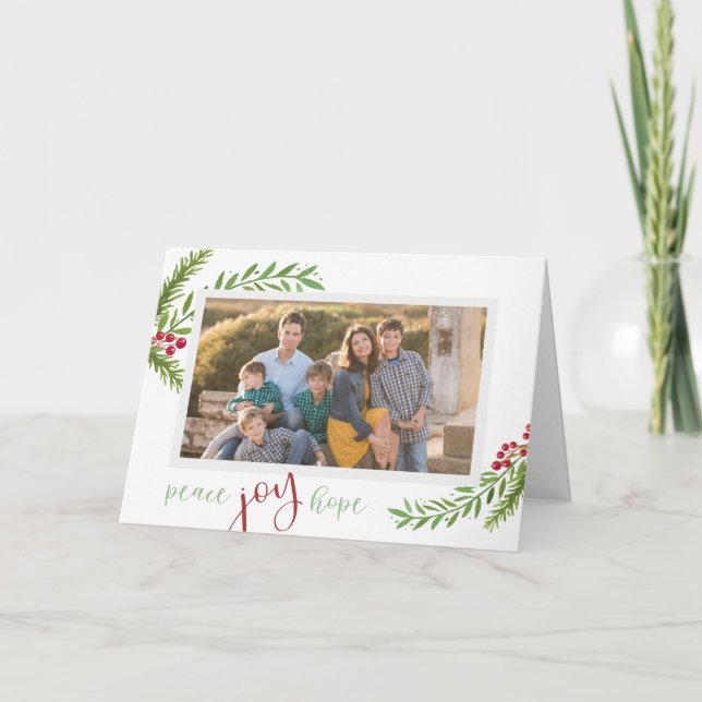 Peace Joy Hope Watercolor Pine Photo Christmas Holiday Card (Front)