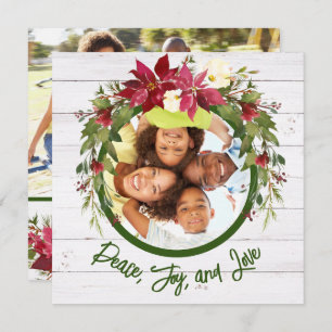 Peace Joy Love 2 Photo Poinsettia Floral Christmas Holiday Card