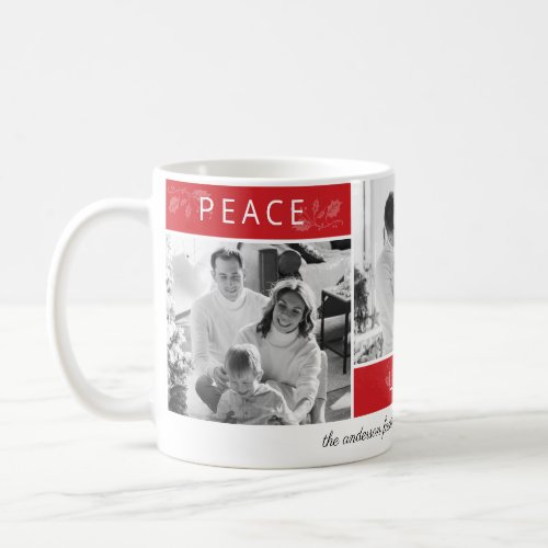 Peace Joy Love 3 Photo Collage Script Red Holiday Coffee Mug